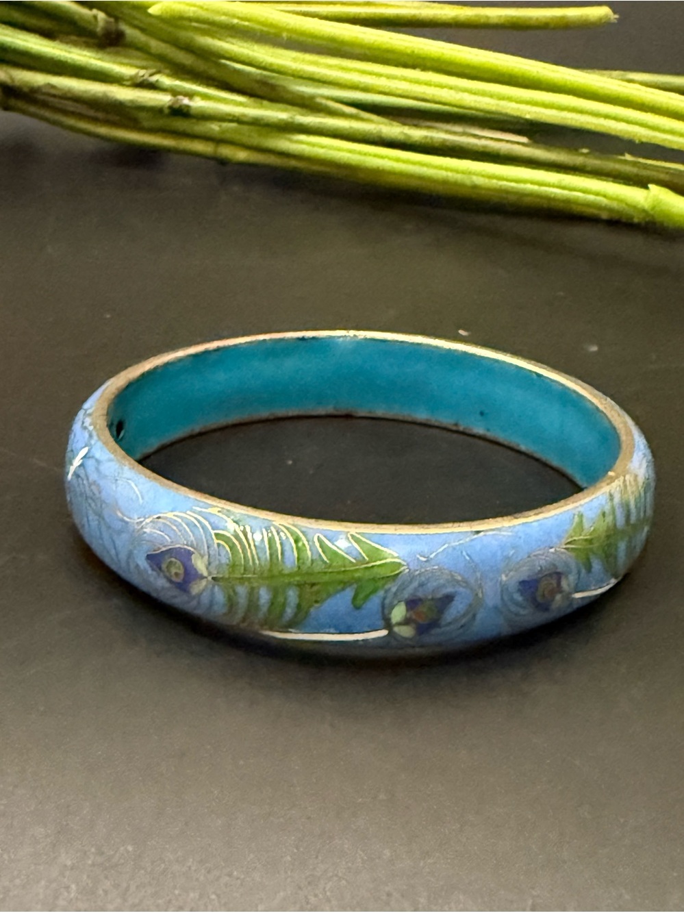 Vintage Cloisonne Peacock Feather Design Bangle Bracelet